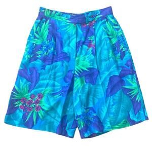 Vintage Liz Claiborne Collection High Waist Pleated Blue Tropical Shorts Size 10